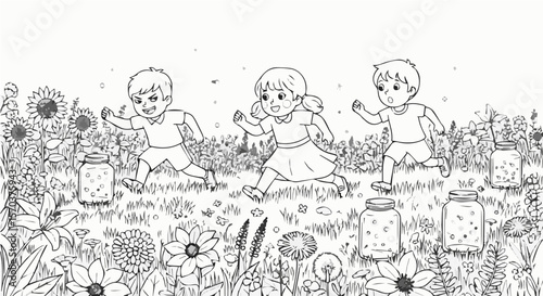 Illustration of children catching fireflies in a field of flowers coloring page vector artwork image