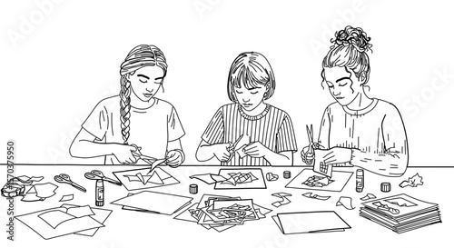 Three girls doing crafts and art projects together coloring cutting and gluing at a table line art drawing