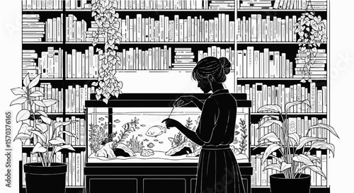 Woman feeding fish in aquarium with books and plants illustration black and white drawing line art style art