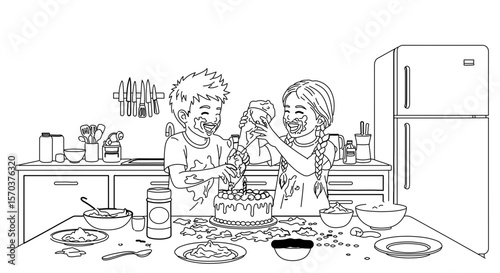 Children baking cake outline vector illustration for coloring page and creative design projects vector art 100