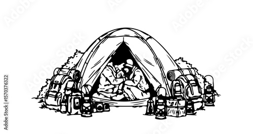 Camping adventure illustration with tent backpack and couple for outdoor travel and recreation trip planning