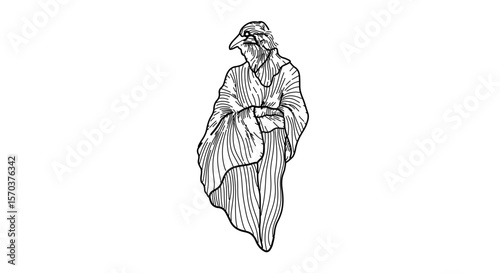 Line art drawing of a plague doctor with robe and bird mask for halloween and historical illustrations