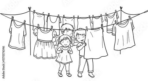Children playing hide and seek behind clothesline with hanging clothes vector outline illustration art design