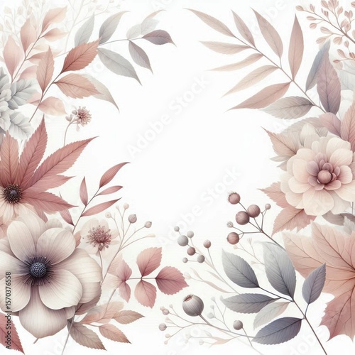 Pale autumn leaves and flowers - botanical design banner. Floral pastel watercolor border frame