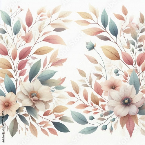 Pale autumn leaves and flowers - botanical design banner. Floral pastel watercolor border frame