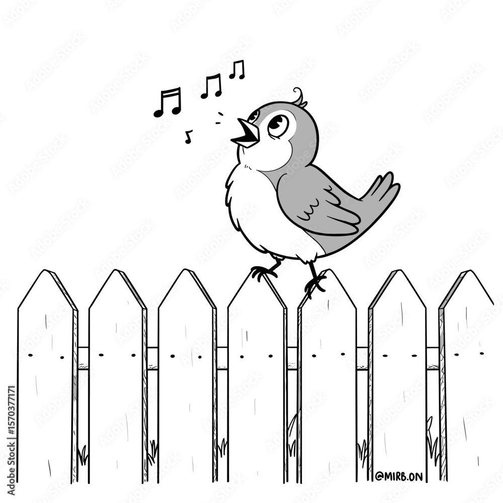 Fototapeta premium A cartoon bird with a tufted head sings happily while perched on a wooden fence, with musical notes floating around in a grayscale setting.