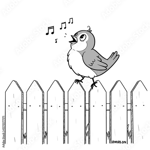 A cartoon bird with a tufted head sings happily while perched on a wooden fence, with musical notes floating around in a grayscale setting.