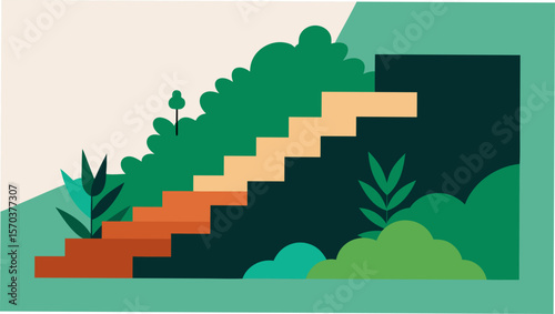 Stairway to heaven: a vector illustration of a tree reaching the sky, connecting urban architecture with a green, eco-friendly landscape of the future city