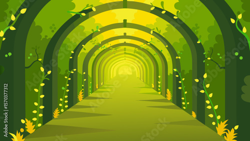 An ancient European abbey's stone archway creates a green tunnel of light, forming a historic colonnade