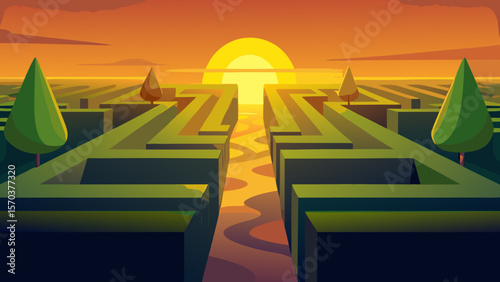 Lost in a desert labyrinth, a 3D road winds through a maze, an abstract puzzle symbolizing the search for a strategic path to business success