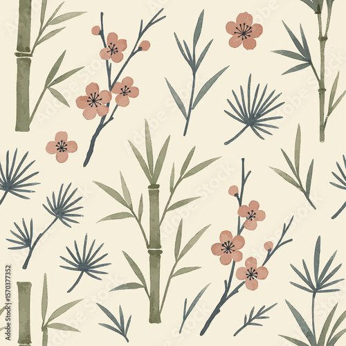 A delicate pattern of bamboo stalks, plum blossoms, and ferns on a cream background.