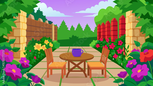 Empty wooden table and chairs in a tranquil garden patio, perfect for a relaxing outdoor dining experience