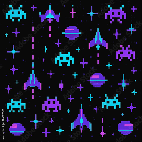 A pixelated space-themed pattern featuring alien creatures, spaceships, and planets.