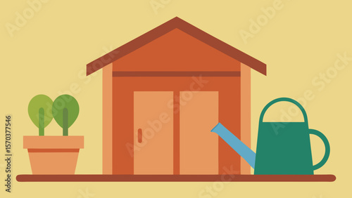 A vibrant vector illustration depicts a residential house with a watering can, symbolizing home care and property development
