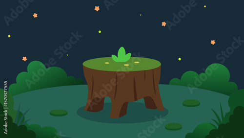 A captivating vector illustration of a dark forest night sky with a luminous moon and twinkling stars over a serene natural landscape
