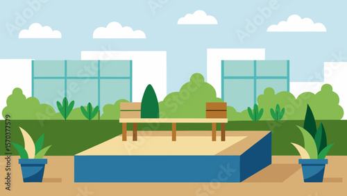 Vector illustration of a city landscape with a house and buildings under a green sky