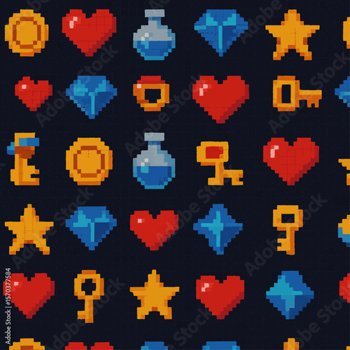 Pixelated pattern featuring game icons: hearts, coins, keys, stars, diamonds, and potions on a dark background.