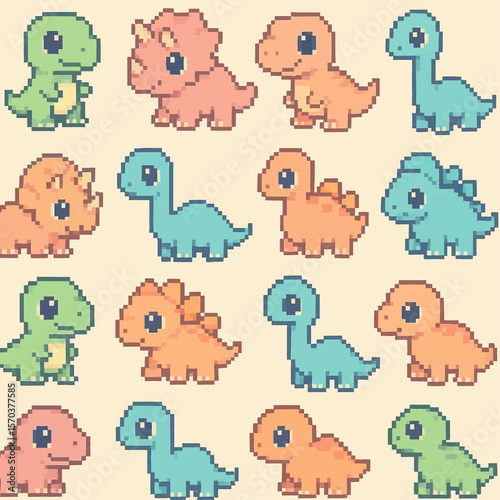 Pixelated pattern featuring cute, colorful cartoon dinosaurs in various poses on a beige background.