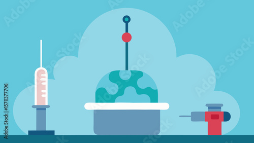 Man with syringe injecting a sweet birthday cake on a party boat illustration