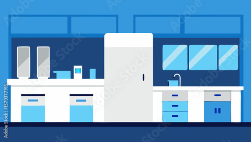 Modern office building vector illustration with glass windows and a blank wall for design