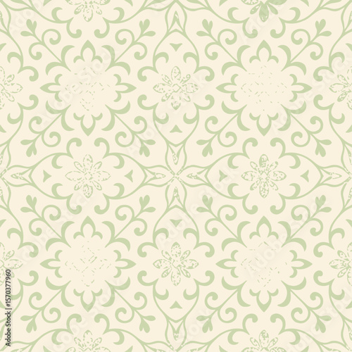 Elegant, repeating pattern featuring floral and ornate scrollwork in a soft, muted color palette.