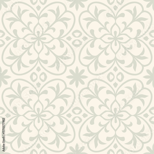Seamless floral pattern with stylized leaves and flowers on a light background, creating a decorative repeat.