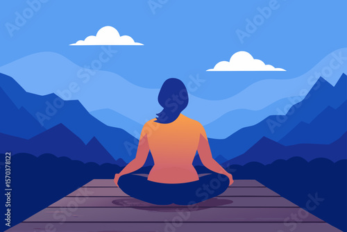 Vector silhouette of a woman in a lotus pose, meditating in nature, embodying peace, health, and spiritual relaxation