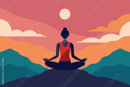 Silhouette of a woman in a tranquil yoga pose, meditating at sunset for health and spiritual peace