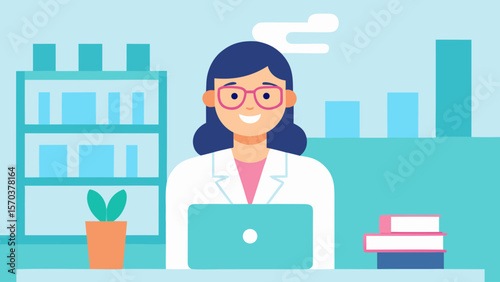 Young female doctor with a syringe in an office, a person working at a desk with a laptop computer, an illustration of a woman