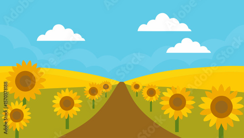 Vector cartoon summer landscape with a field of sunflowers under a bright sky with green hills and trees