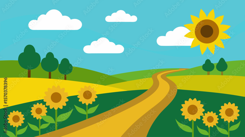 Fototapeta premium Golden summer landscape with a field of sunflowers under a vast blue sky, illustrating nature's rural beauty