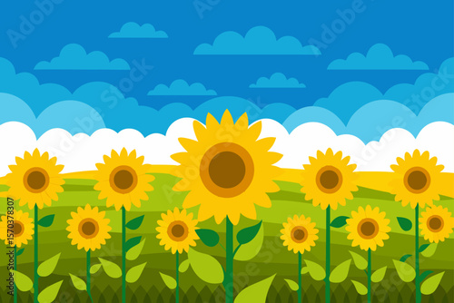 Golden sunflowers stretch across the summer field, a vibrant yellow against the blue sky, embodying nature's bright agricultural beauty