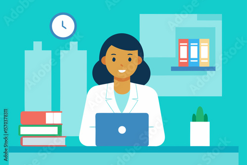 Cartoon illustration of a businesswoman working at her office desk with a laptop and phone, a personification of modern work life