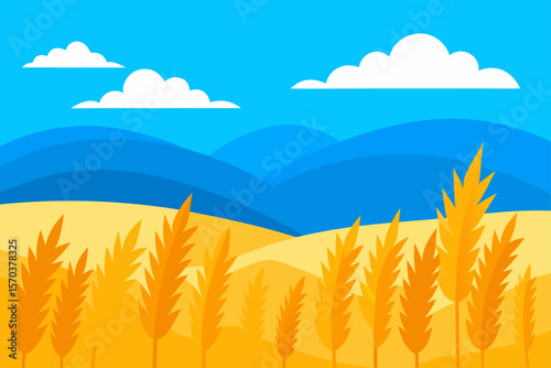 Golden wheat field stretching to the horizon under a vast blue summer sky with fluffy clouds