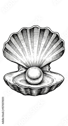 White Pearl Inside Shell Isolated Sketch Drawing Ocean Treasure Jewel
