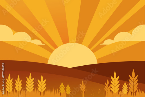 Golden sunlight bathes the vast wheat field at sunset, a serene landscape illustration with a vibrant orange and yellow sky