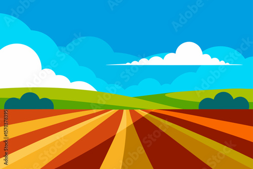 Green summer landscape with a vibrant rainbow over rolling hills and a clear blue sky