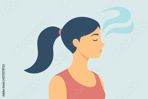 Vector illustration of a smiling woman's face with flowing hair, a cartoon person icon embodying beauty and fashion