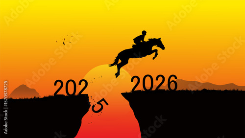 Silhouette of a person riding a horse jumping from 2025 to 2026 over a cliff, symbolizing transition, progress, and new year goals