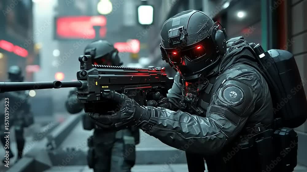Futuristic soldiers in tactical gear engage in an urban combat scenario at night