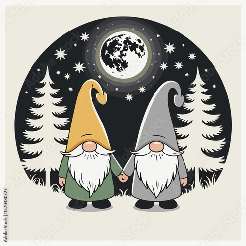 Charming gnomes under moonlit sky night stars