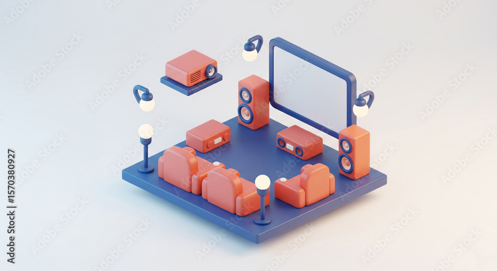 Obraz premium 3D rendered isometric home theater setup with comfortable seating, a large screen, and ambient lighting