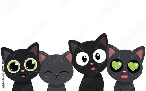 Four adorable stylized black cats with expressive eyes kittens grey
