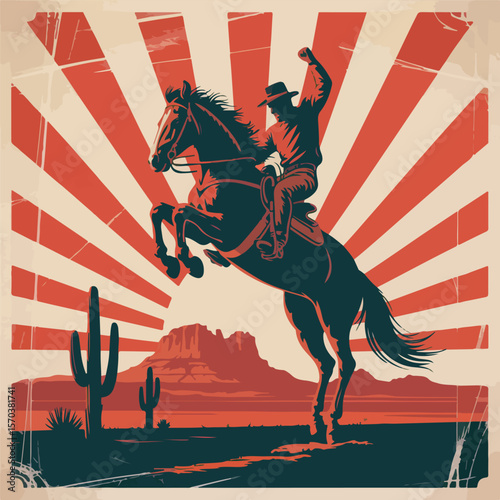 Vintage Rodeo Cowboy Poster with Sunburst Background and Horse Silhouette

