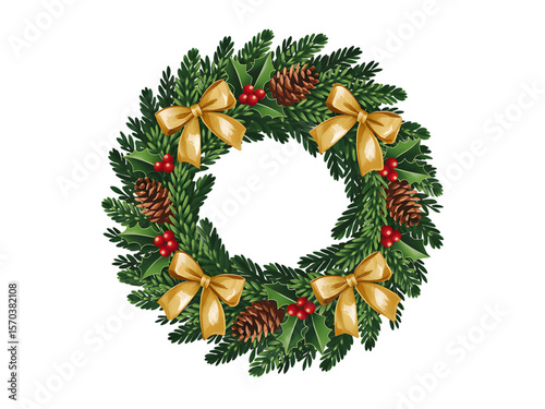 Christmas Wreath Festive Holiday Decoration with Pine Cones and Bows isolated on transparent background