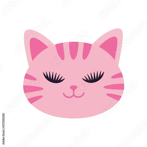 Pink cat face with closed eyes and stripes illustration cute