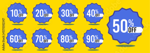 10% off 20% off 30% off 40% off 50% off 60% off 70% off 80% off 90% off ten twenty thirty forty fifty sixty seventy eighty ninety percent off, retail discount, promotion, sale, percentage, set.	