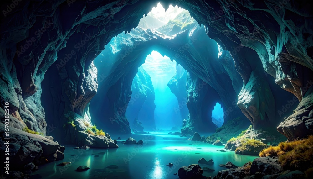Obraz premium Serene Underground Cave with Glowing Blue Water and Lush Greenery Surrounded by Majestic Rock Formations and Natural Light Illuminating the Scene