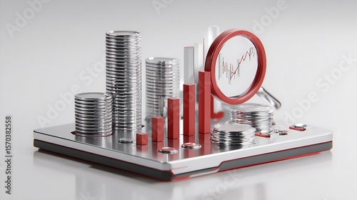 Stock Market Data and Coin Stacks with Magnifying Glass Investment Concept