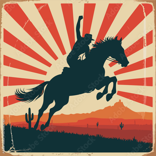 Vintage Rodeo Cowboy Poster with Sunburst Background and Horse Silhouette

